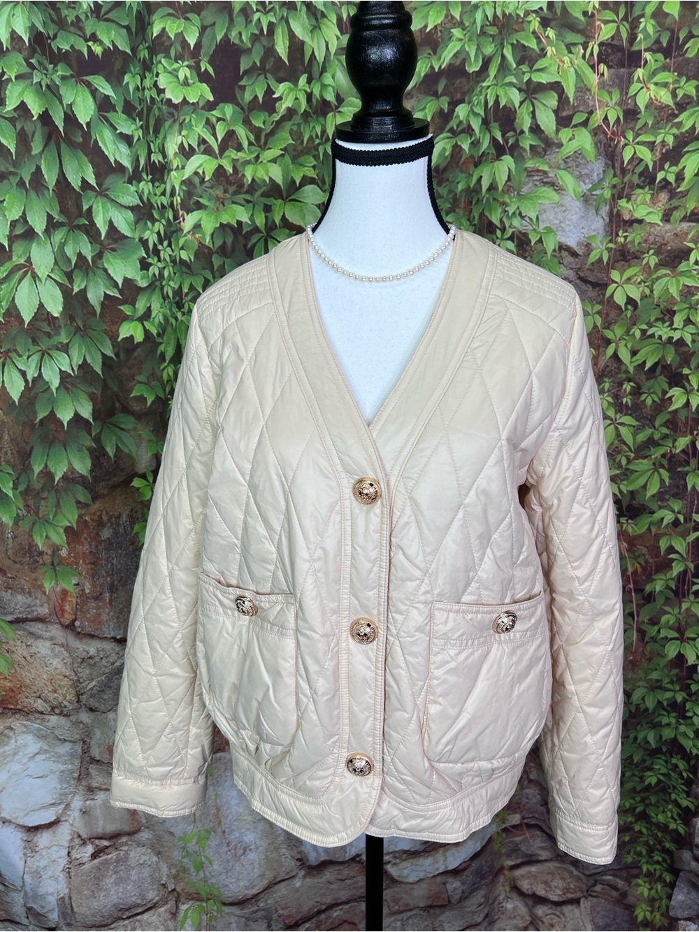 JOH Cream Quilted Quiet Luxury Old Money Quilted Button Front Bomber Jacket, S - Picture 2 of 14
